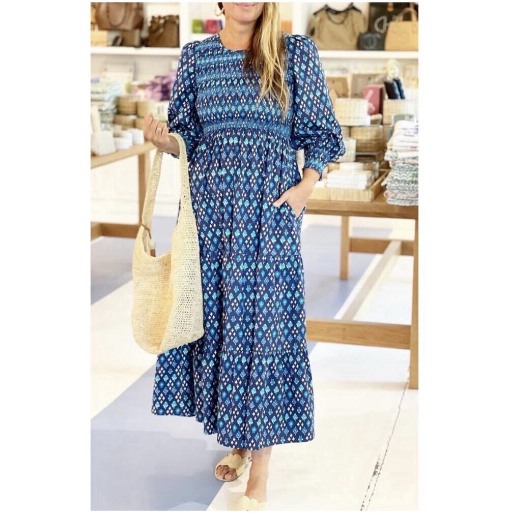 Pink City Prints Blue Isabel Midi Print Dress Small